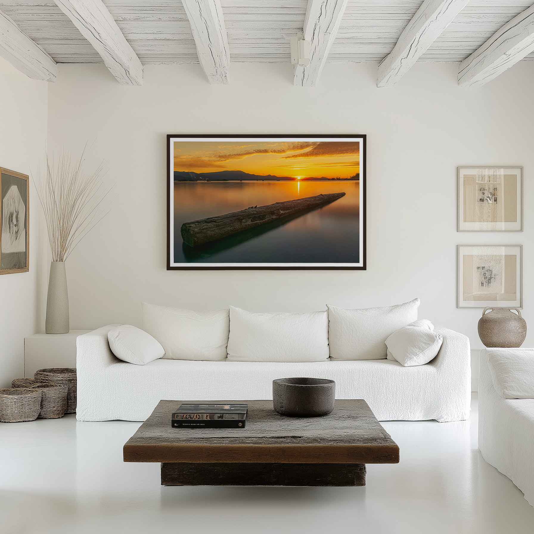 Salt Spring Island Calm at Vesuvius Bay print shown on the wall in a living room.