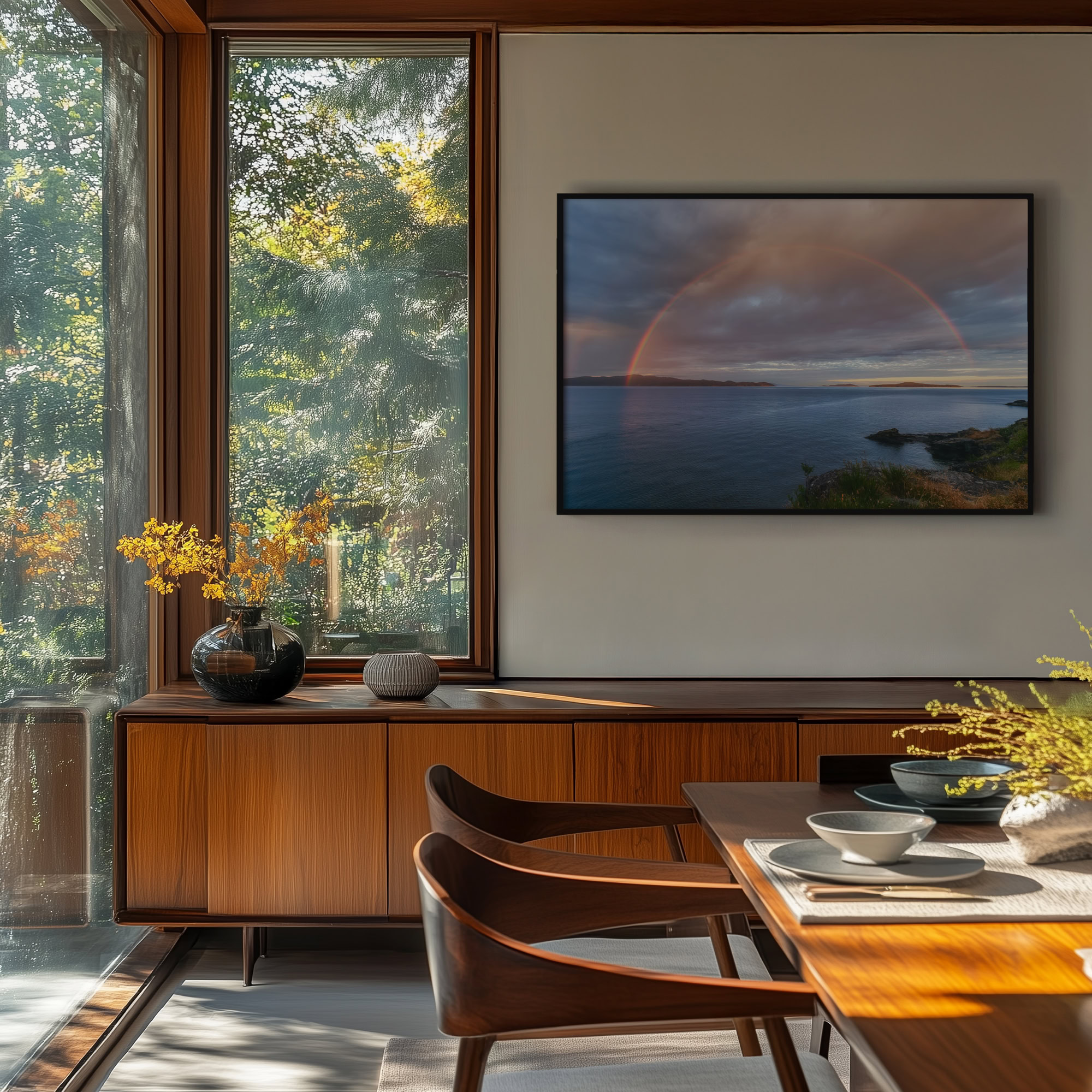 Salt Spring Island Full Rainbow print shown on the wall in a dining room.