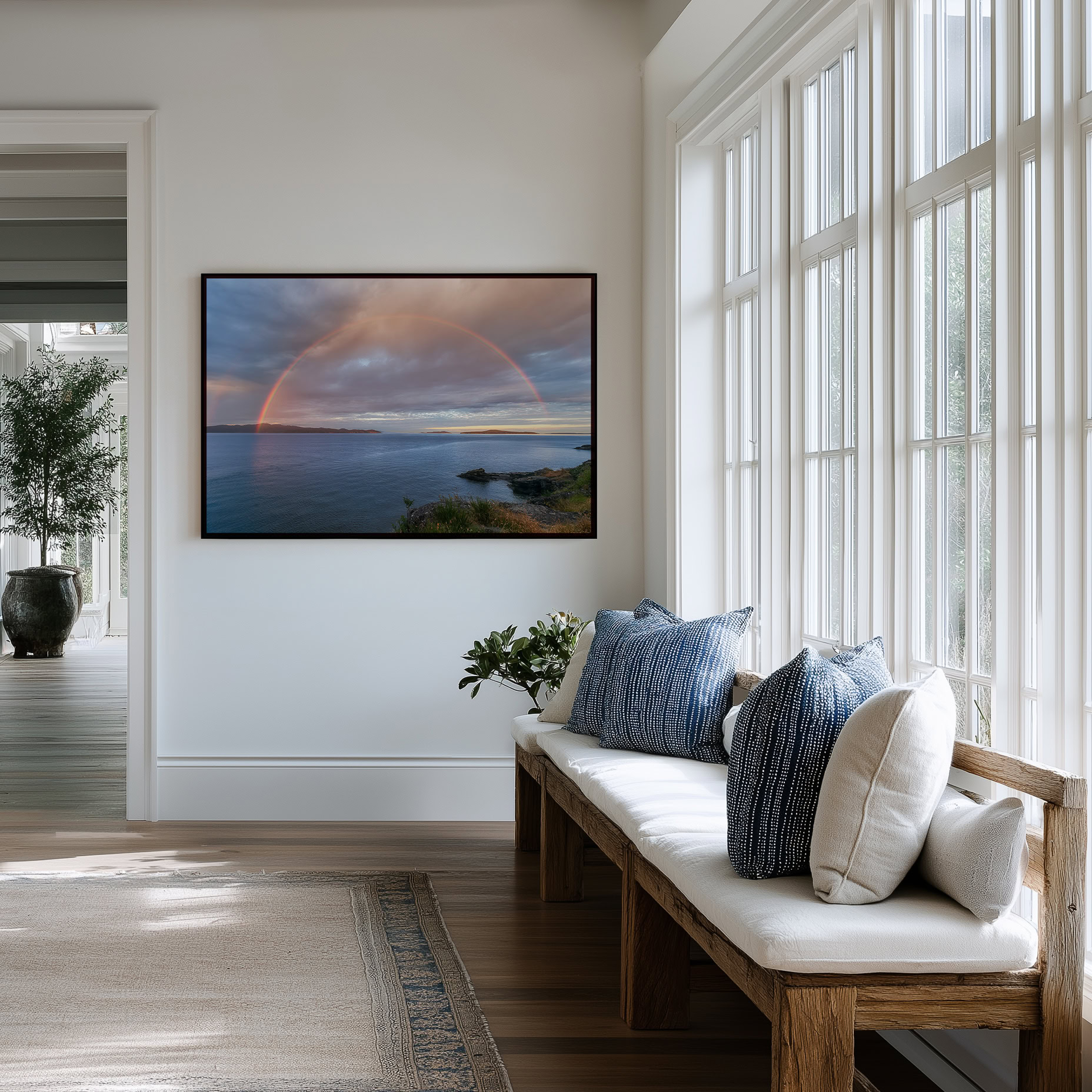 Salt Spring Island Full Rainbow print shown on the wall in an entryway.