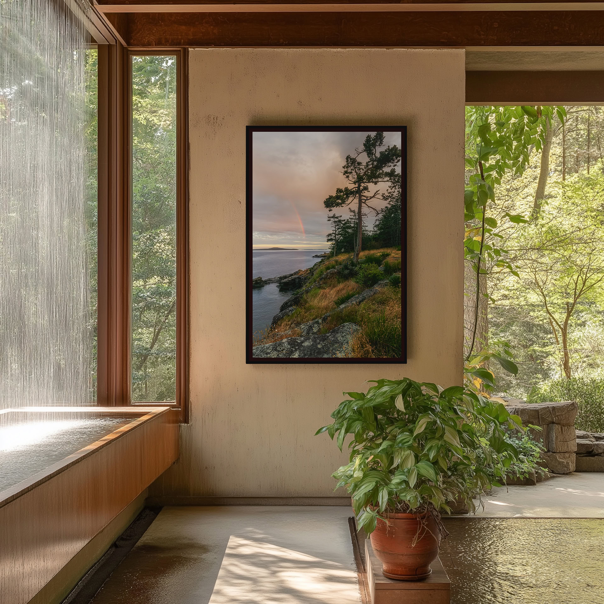 Salt Spring Island Windswept Tree print shown on the wall in an entryway.