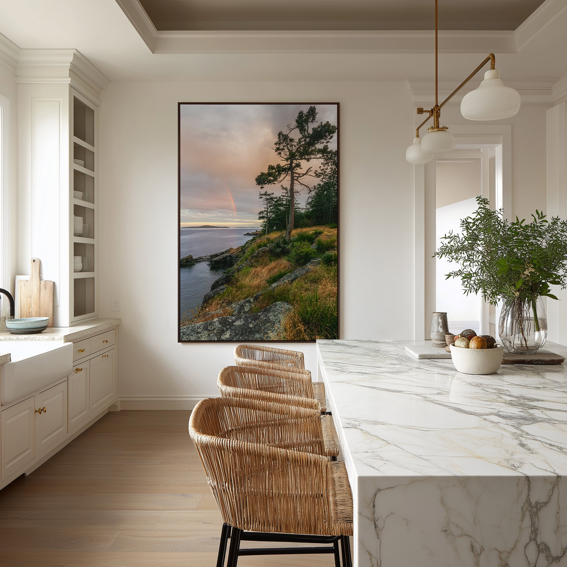 Salt Spring Island Windswept Tree print shown on the wall in a styled room.