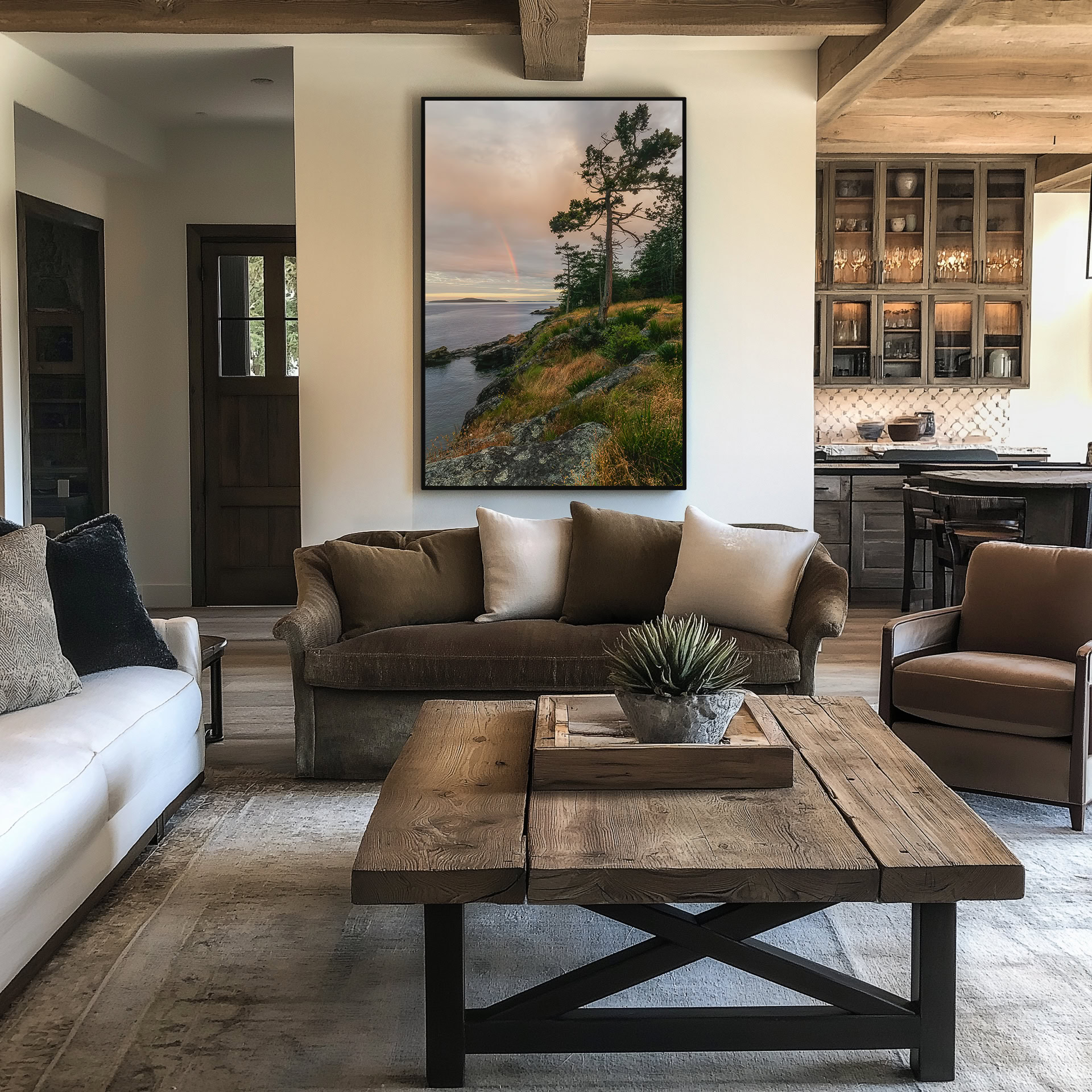 Salt Spring Island Windswept Tree print shown on the wall in a living room.
