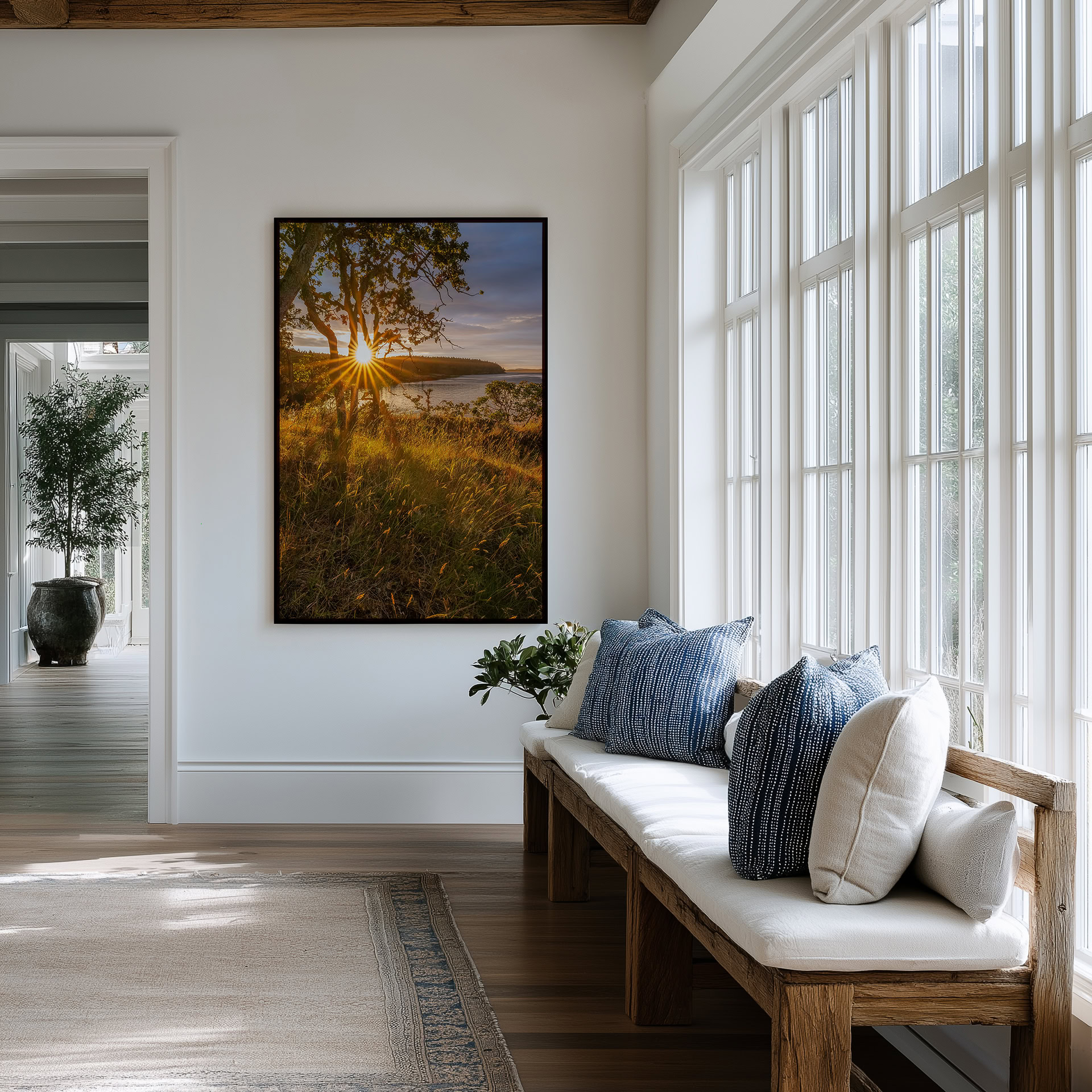 Salt Spring Sun Star print shown on the wall in an entryway.