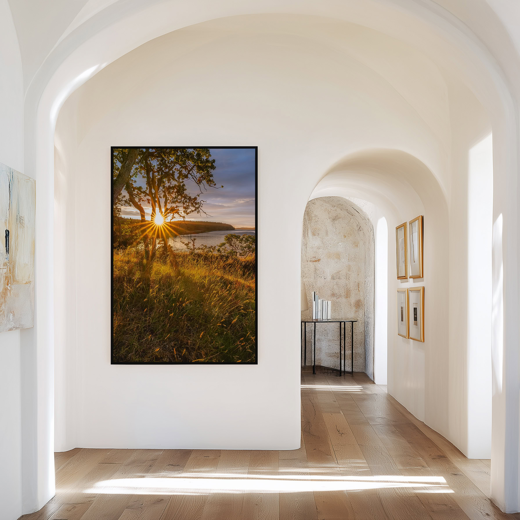 Salt Spring Sun Star print shown on the wall in a styled room.