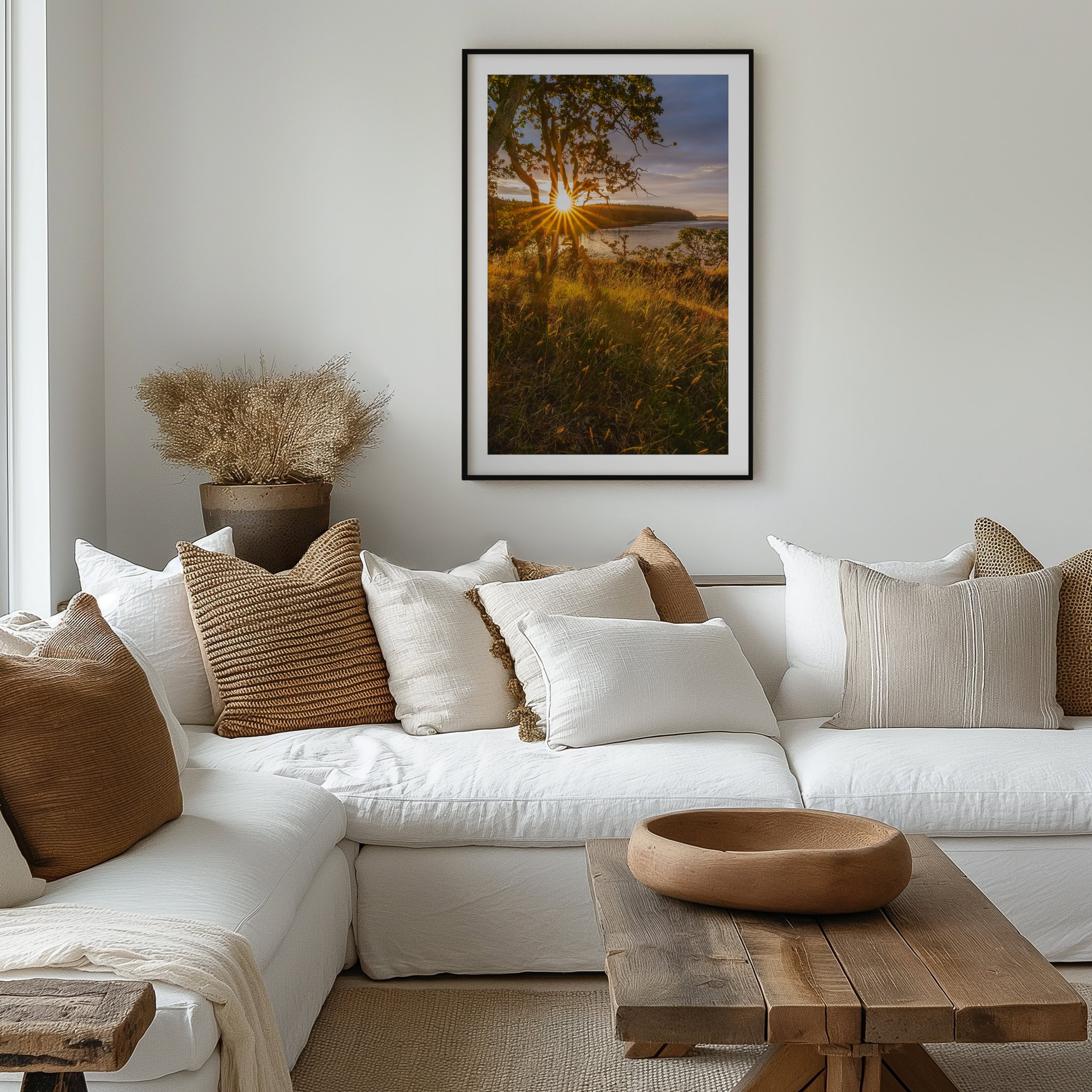 Salt Spring Sun Star print shown on the wall in a living room.