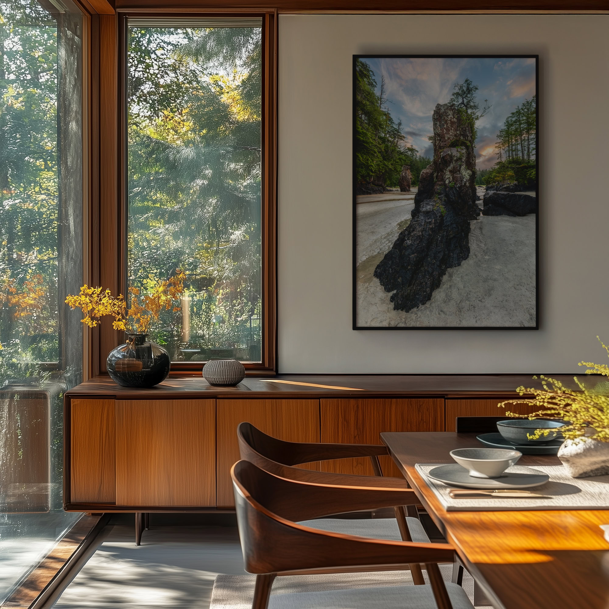 San Josef Bay Sea Stack at Sunrise print shown on the wall in a dining room.