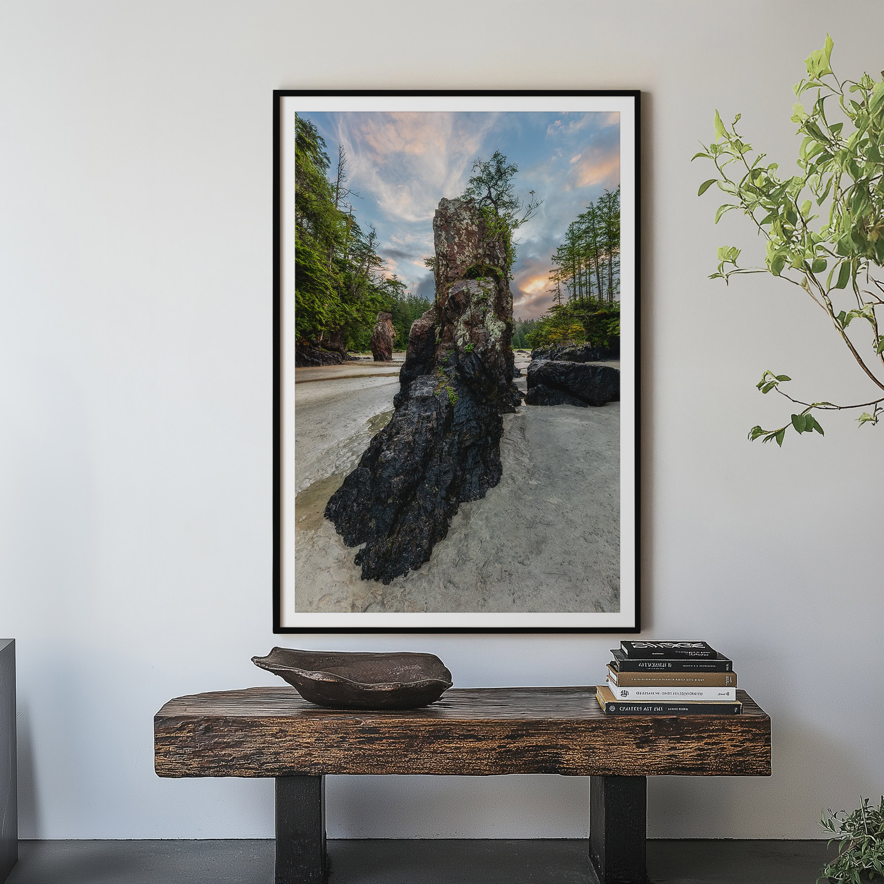 San Josef Bay Sea Stack at Sunrise print shown on the wall in an entryway.