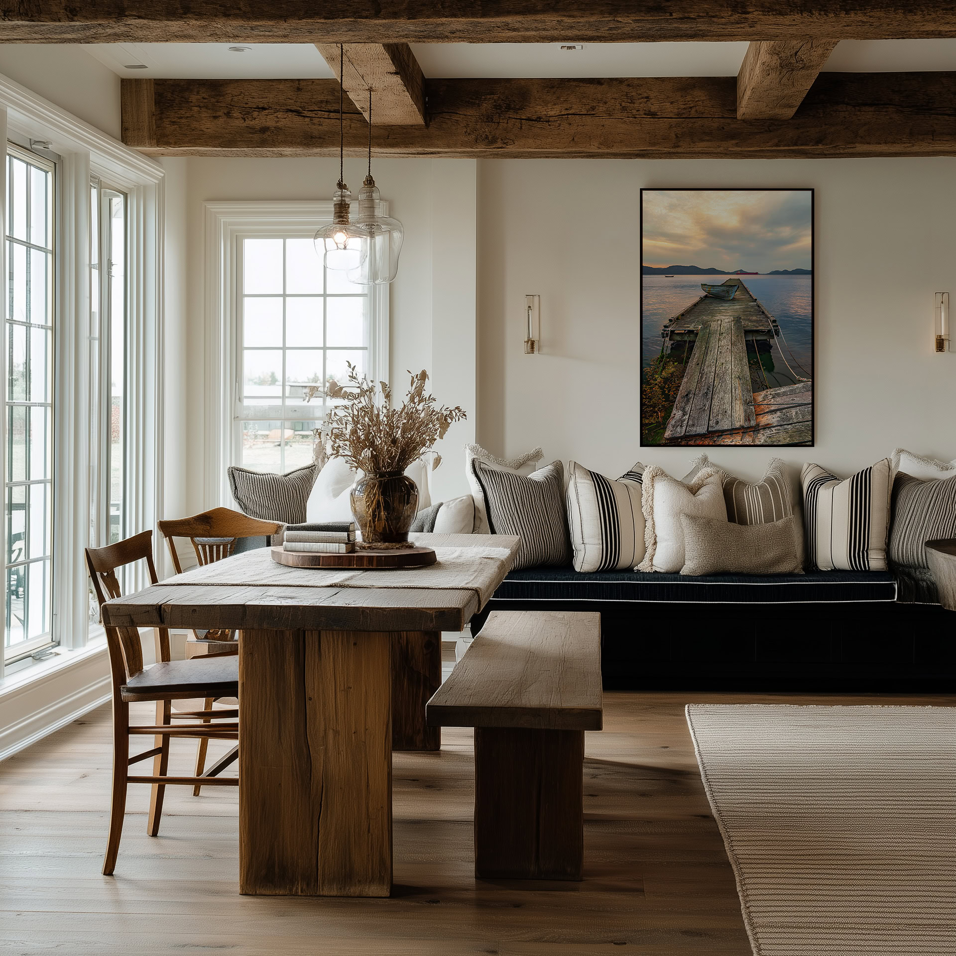 Saturna Island Rowboat at Evening Light print shown on the wall in a dining room.