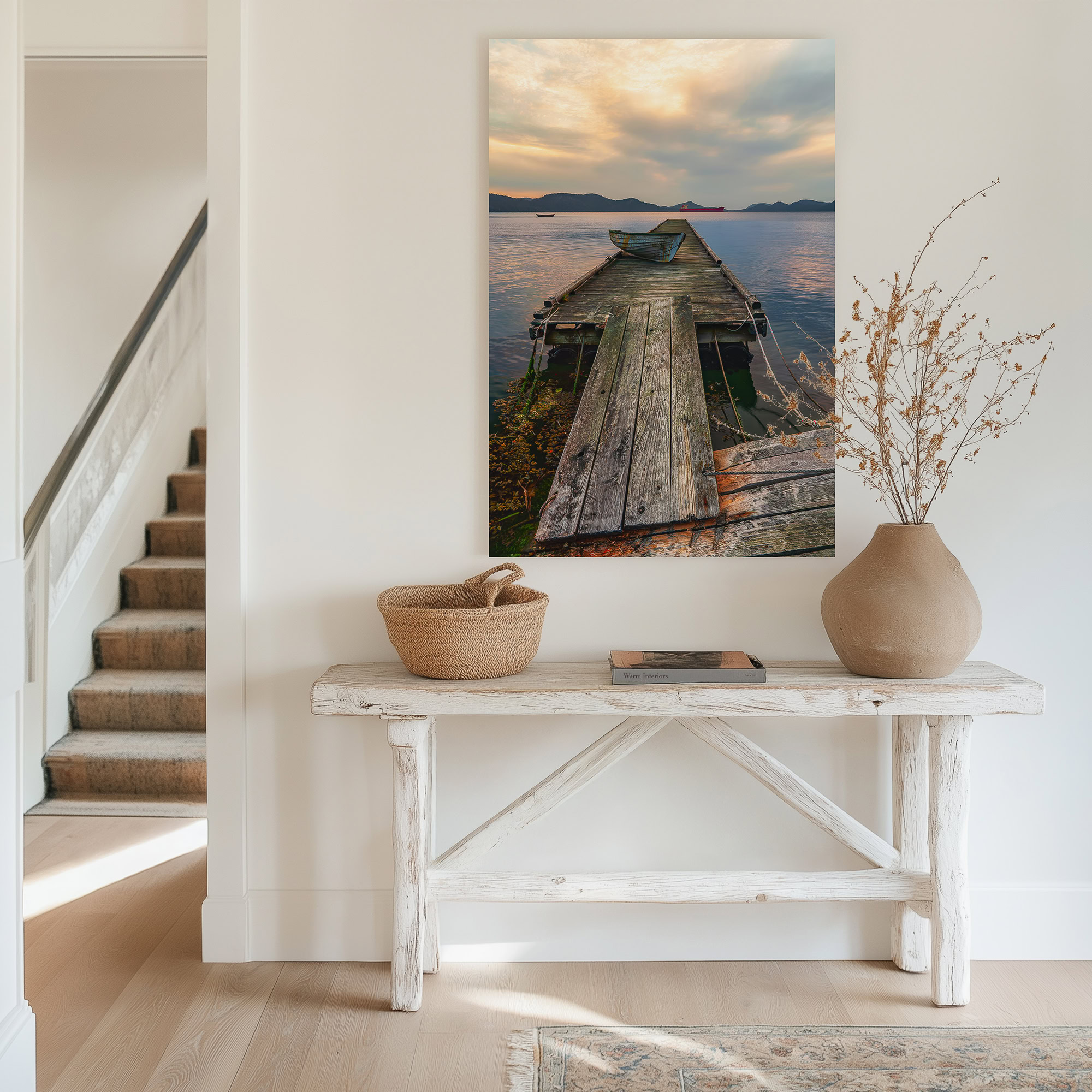 Saturna Island Rowboat at Evening Light print shown on the wall in an entryway.