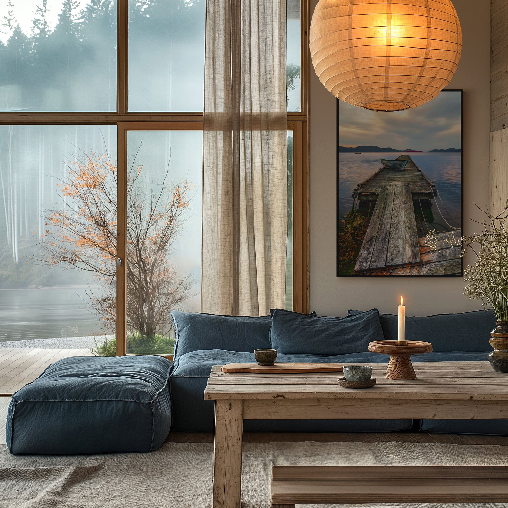 Saturna Island Rowboat at Evening Light print shown on the wall in a living room.