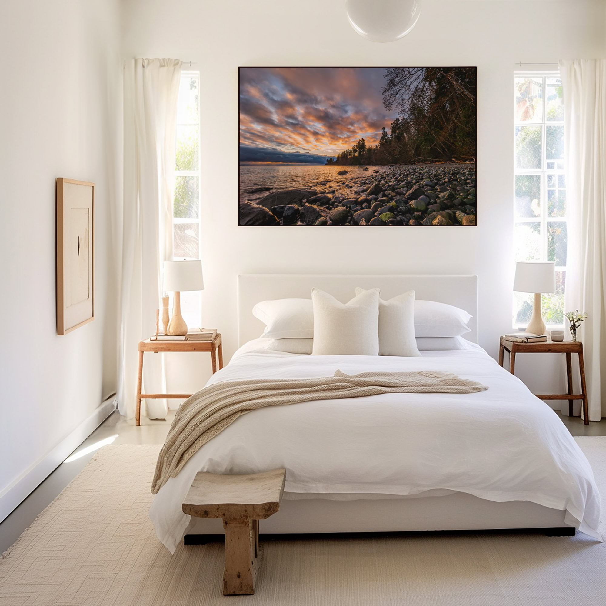 Spring Light at Seal Bay print shown on the wall in a bedroom.