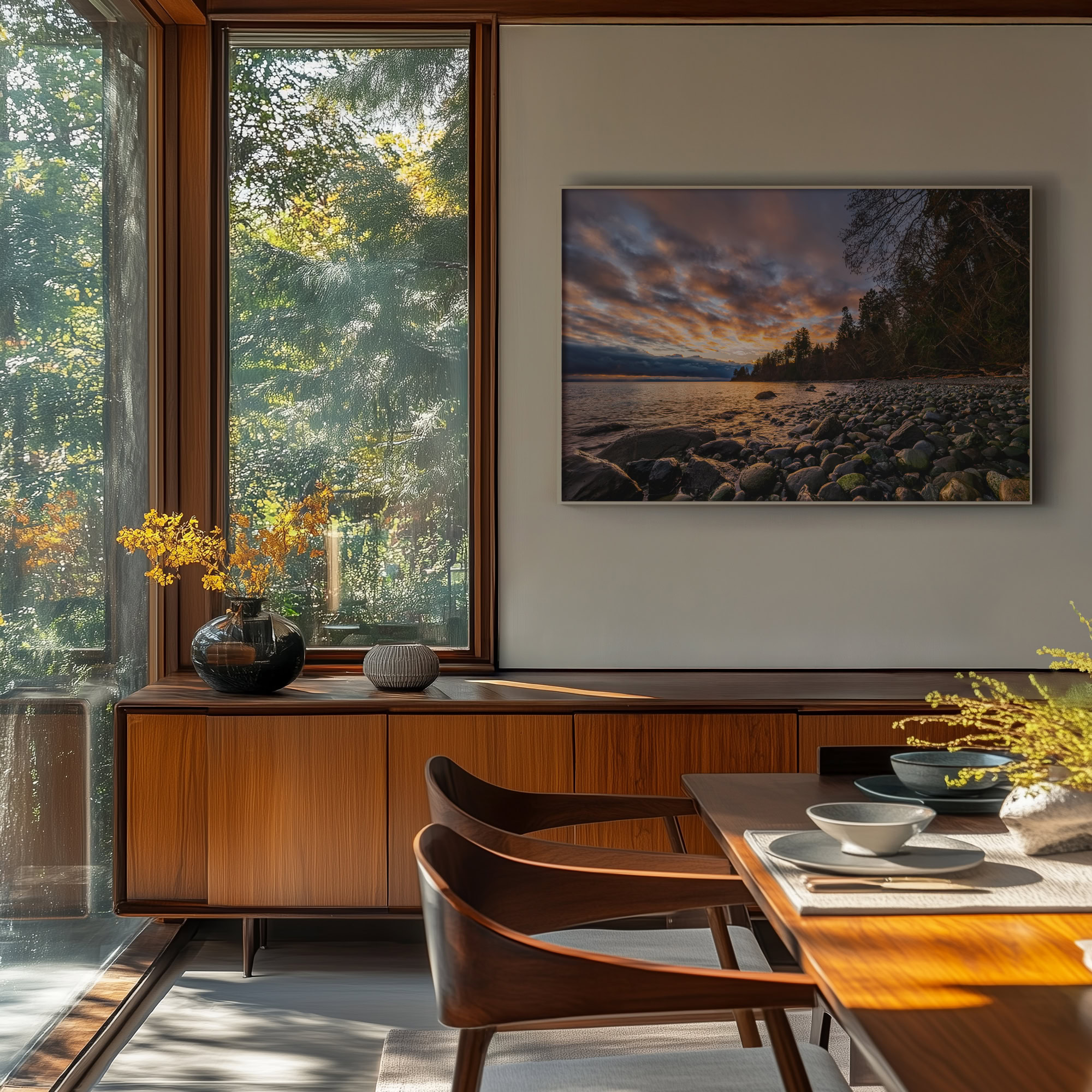 Spring Light at Seal Bay print shown on the wall in a dining room.