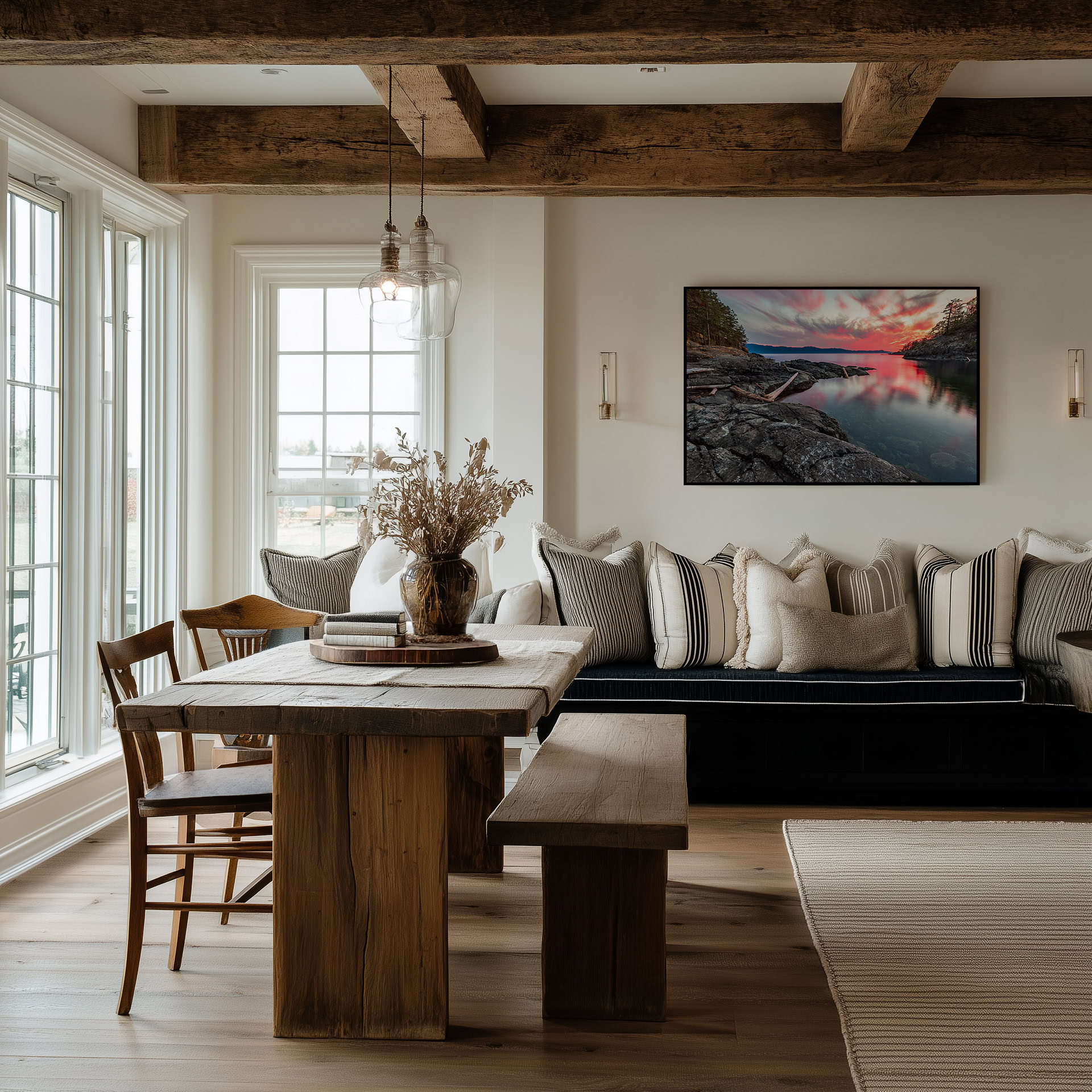 Sunshine Coast Middle Bay Reflection print shown on the wall in a dining room.