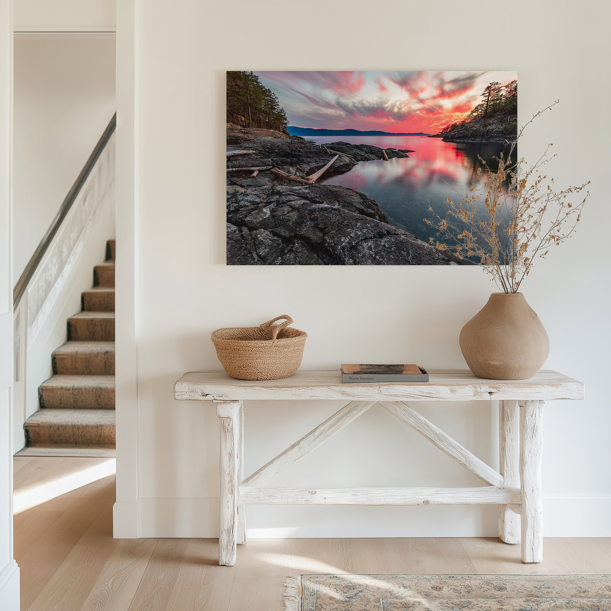 Sunshine Coast Middle Bay Reflection print shown on the wall in an entryway.