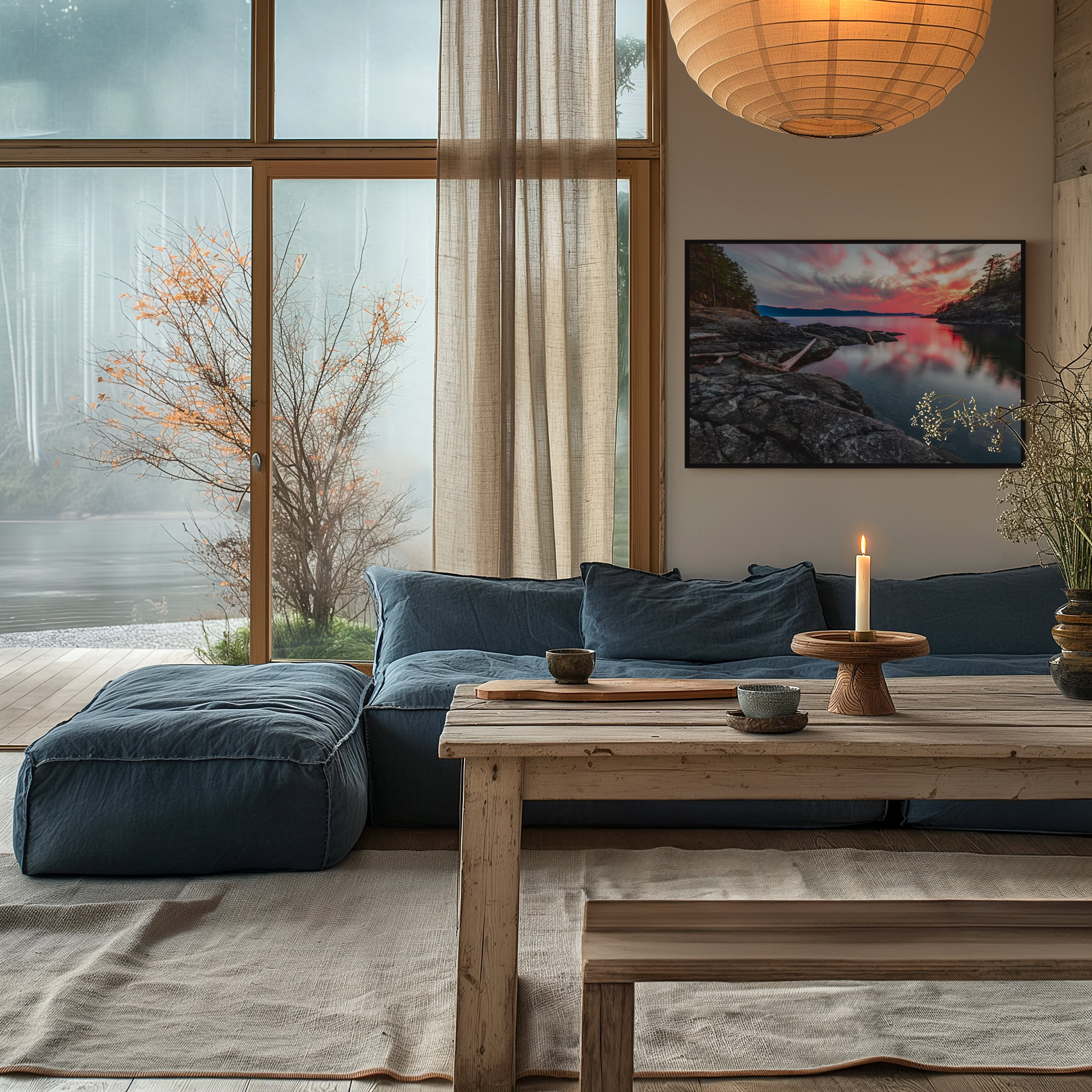 Sunshine Coast Middle Bay Reflection print shown on the wall in a living room.