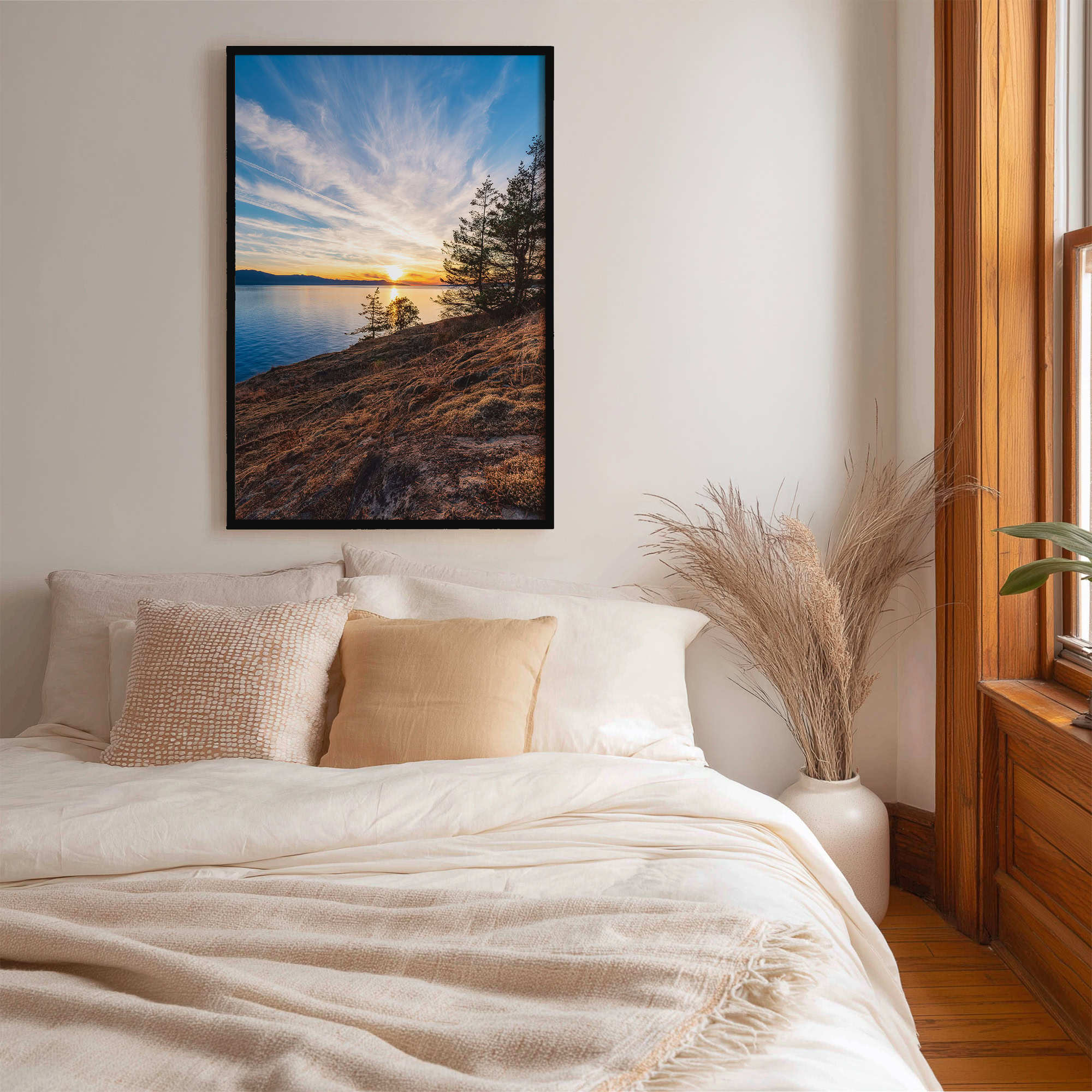Sunshine Coast Moss Covered Shoreline print shown on the wall in a bedroom.