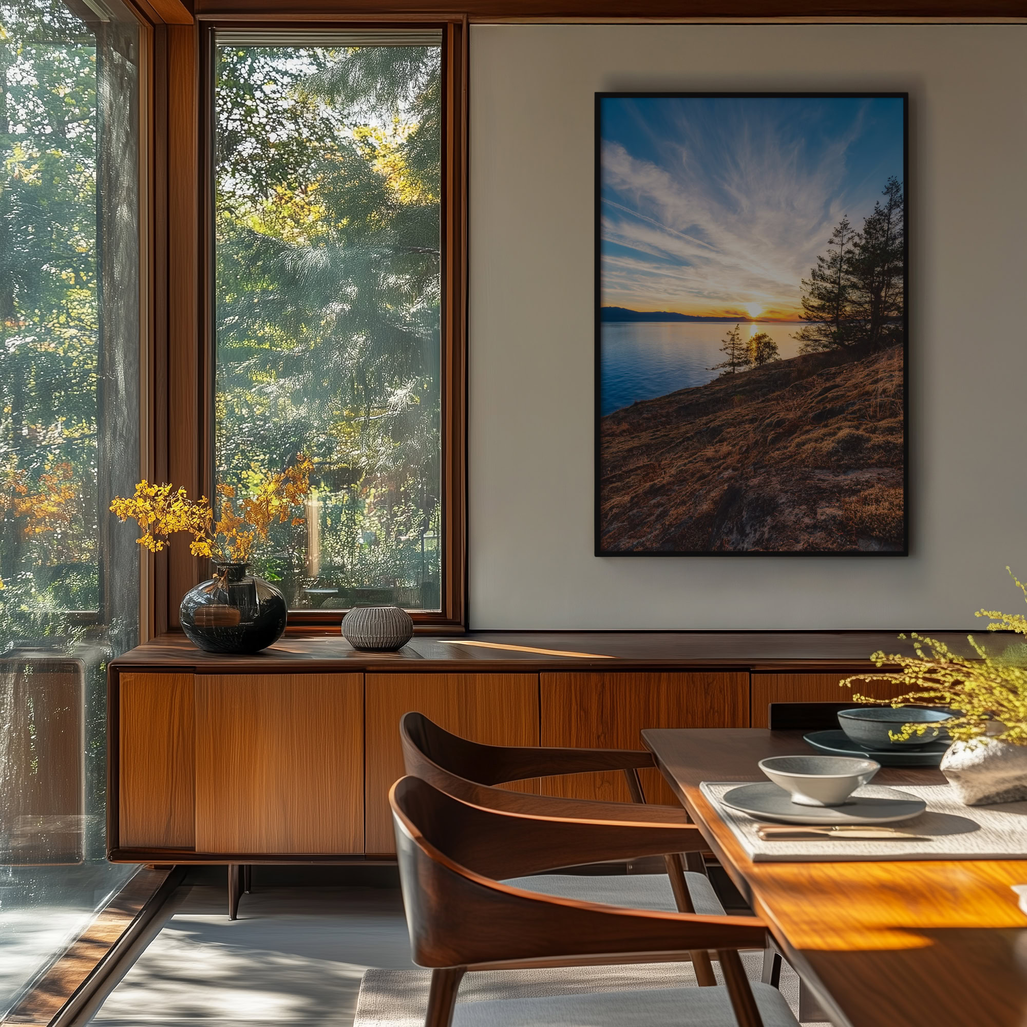 Sunshine Coast Moss Covered Shoreline print shown on the wall in a dining room.