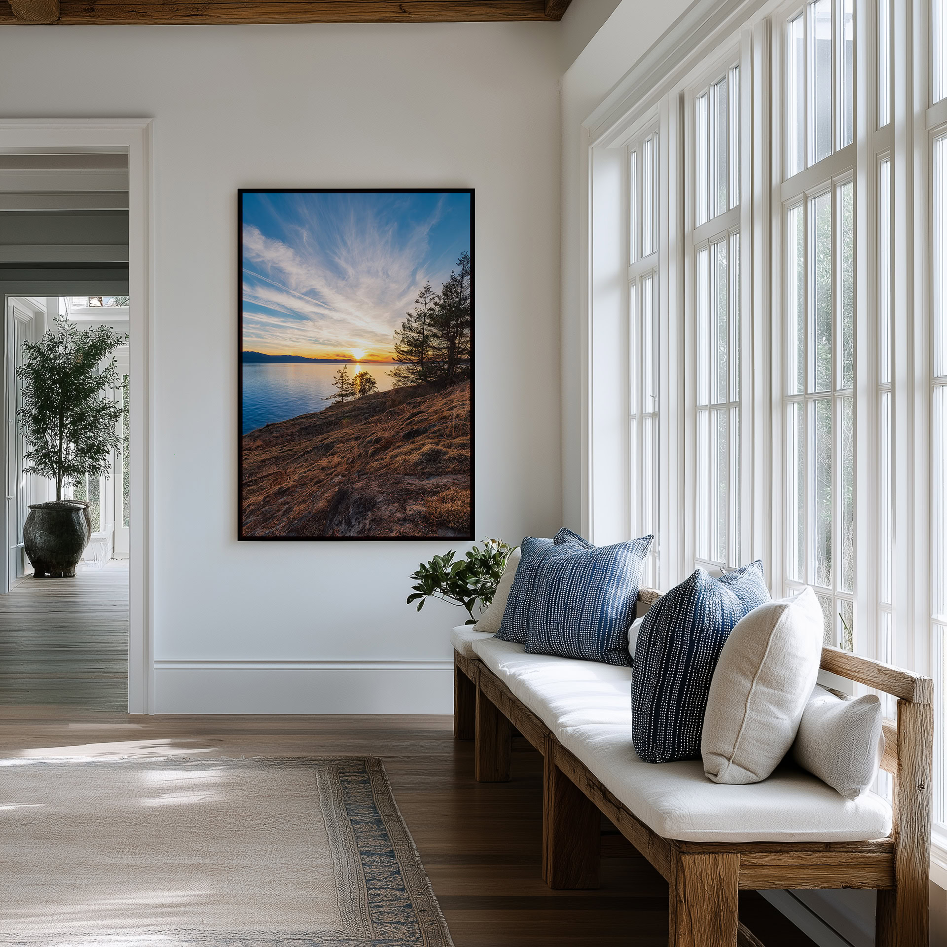 Sunshine Coast Moss Covered Shoreline print shown on the wall in an entryway.