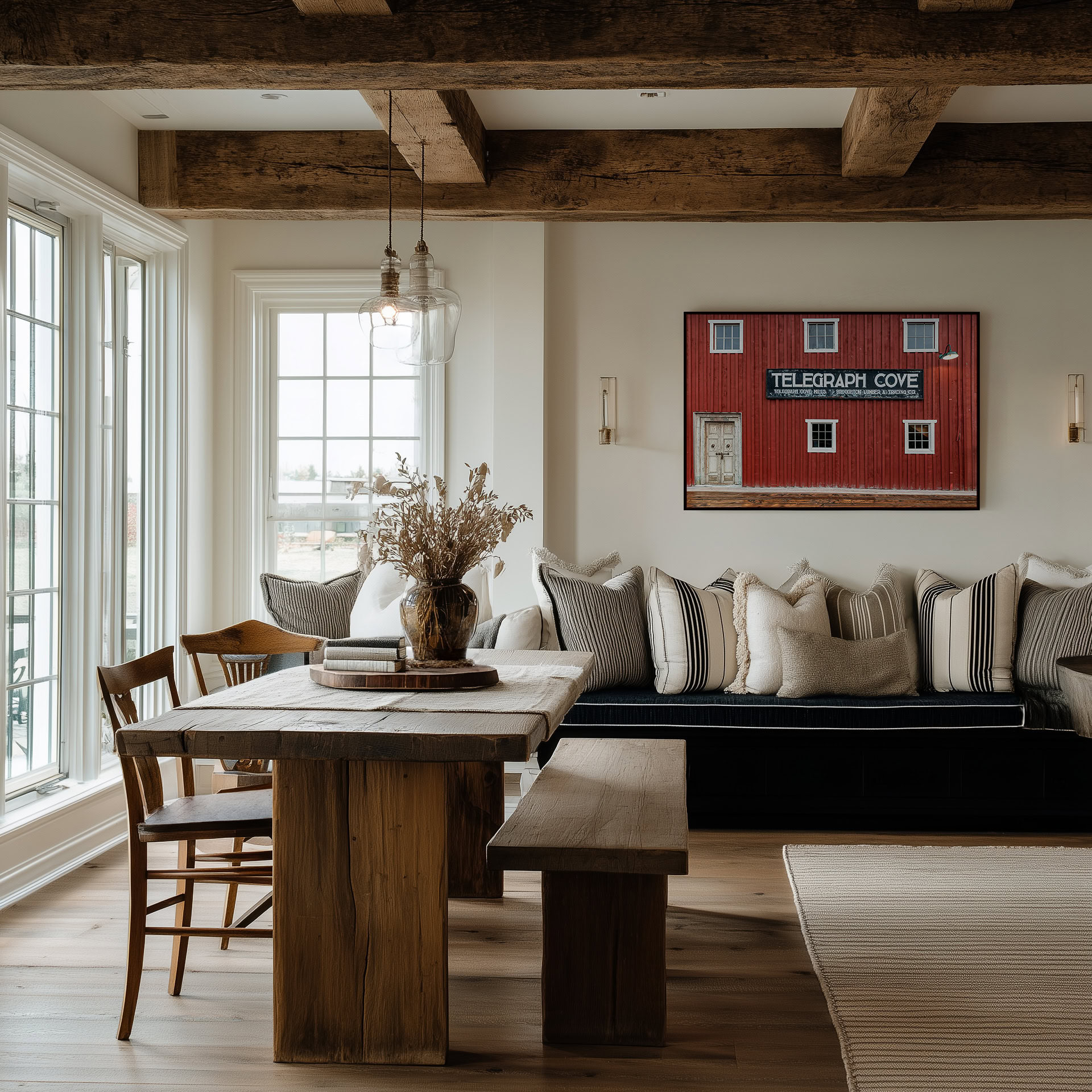 The Old Whale Museum at Telegraph Cove print shown on the wall in a dining room.