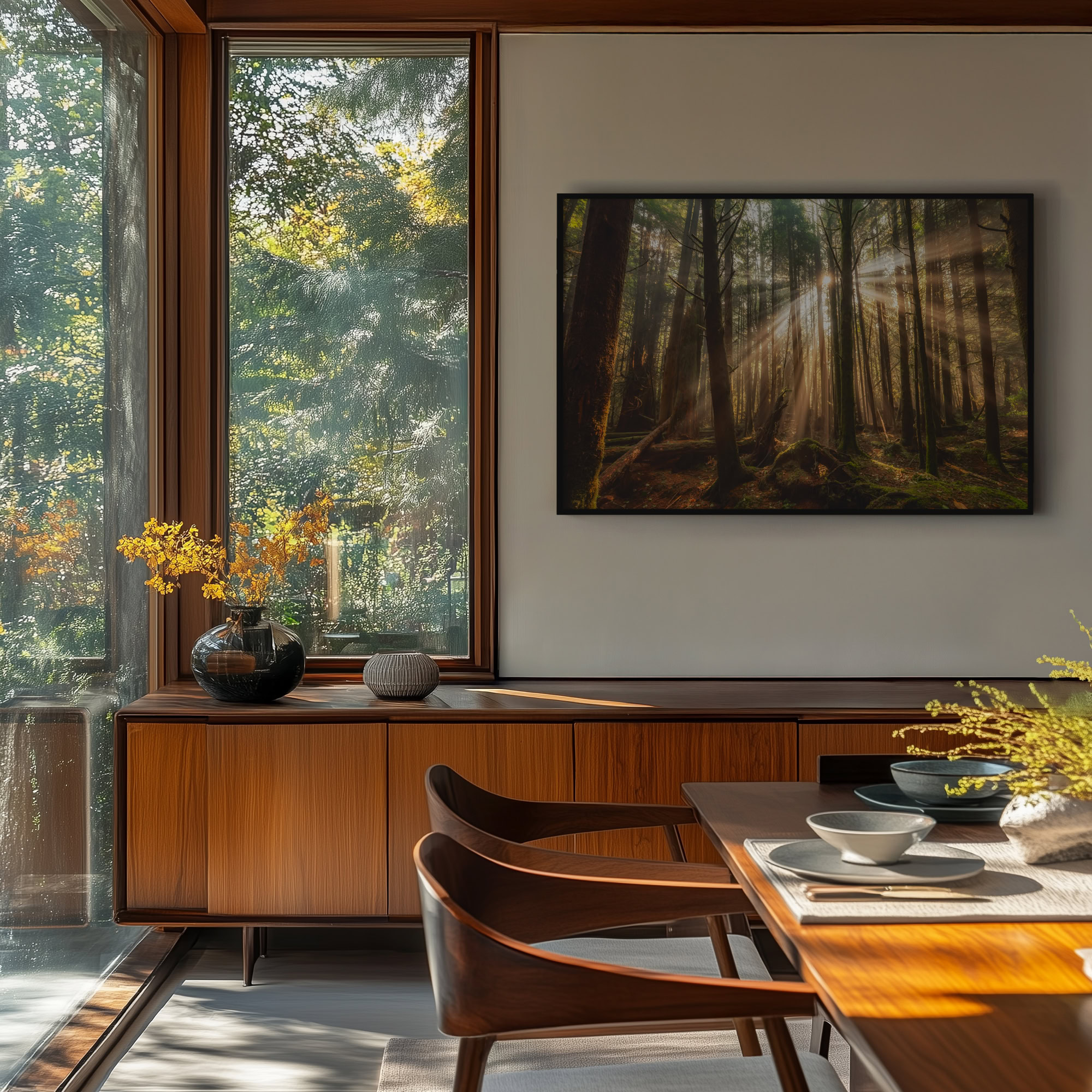 Tofino Rainforest Sunbeams in Morning Fog print shown on the wall in a dining room.