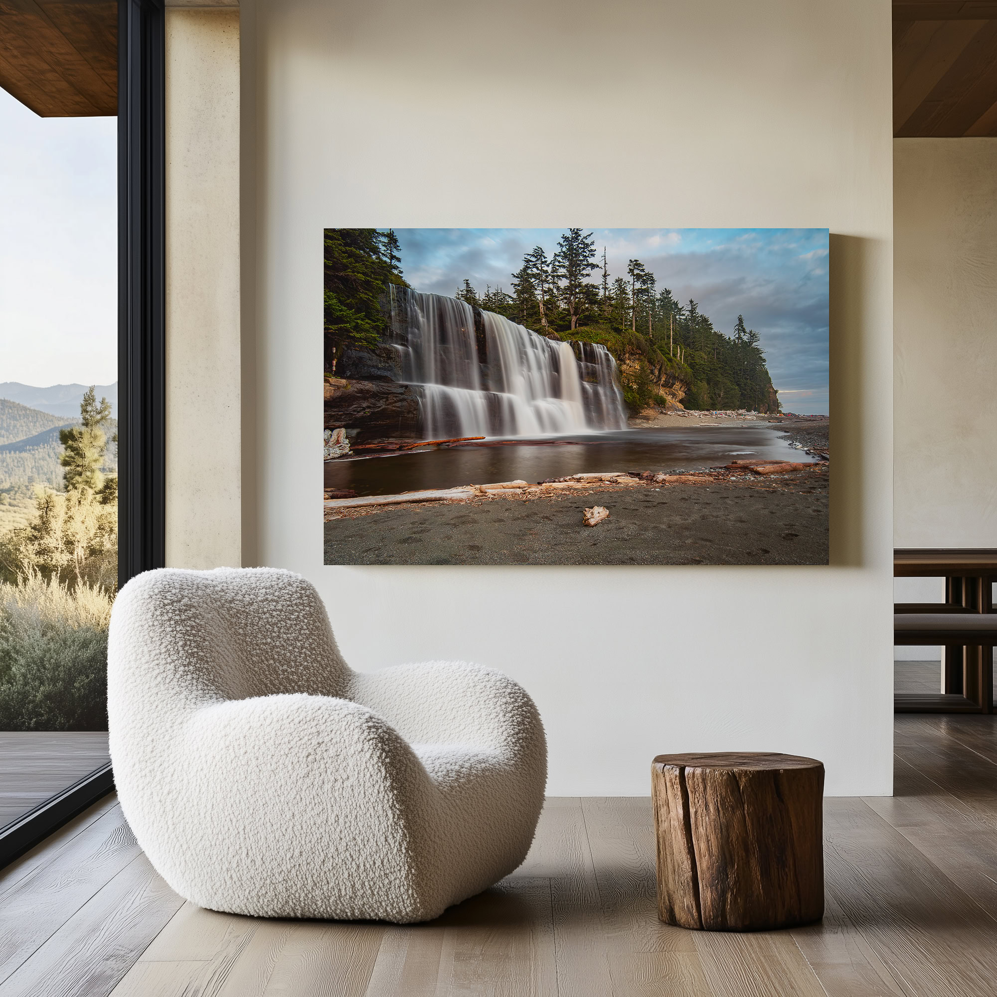 Tsusiat Falls on the West Coast Trail print shown on the wall in a living room.