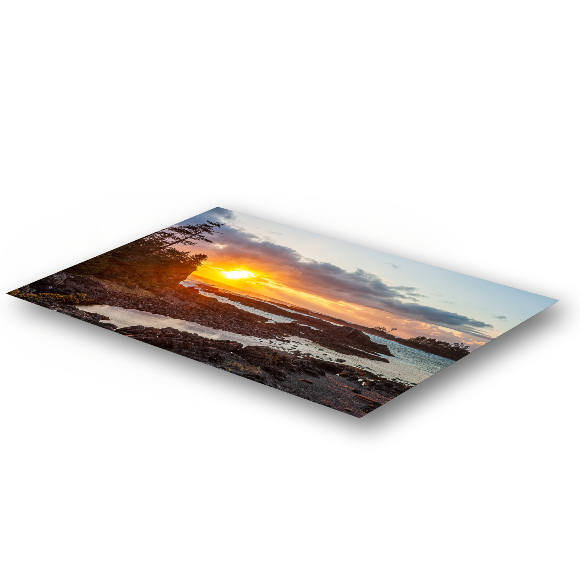 Ucluelet Sunset Through Breaking Clouds as a metal print.