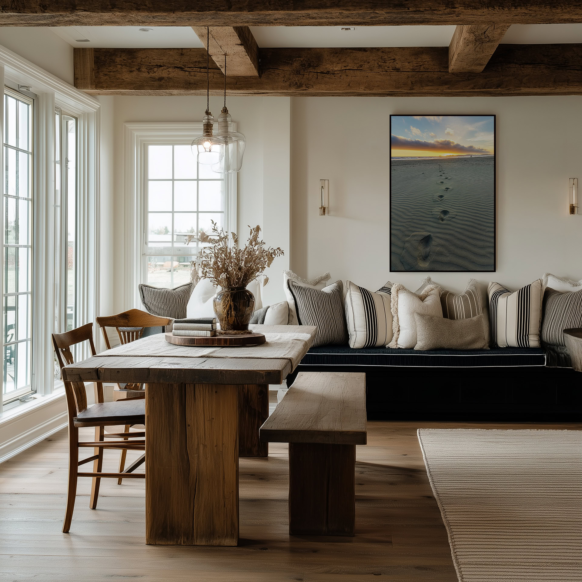 Walking Toward the Tofino Sunset print shown on the wall in a dining room.