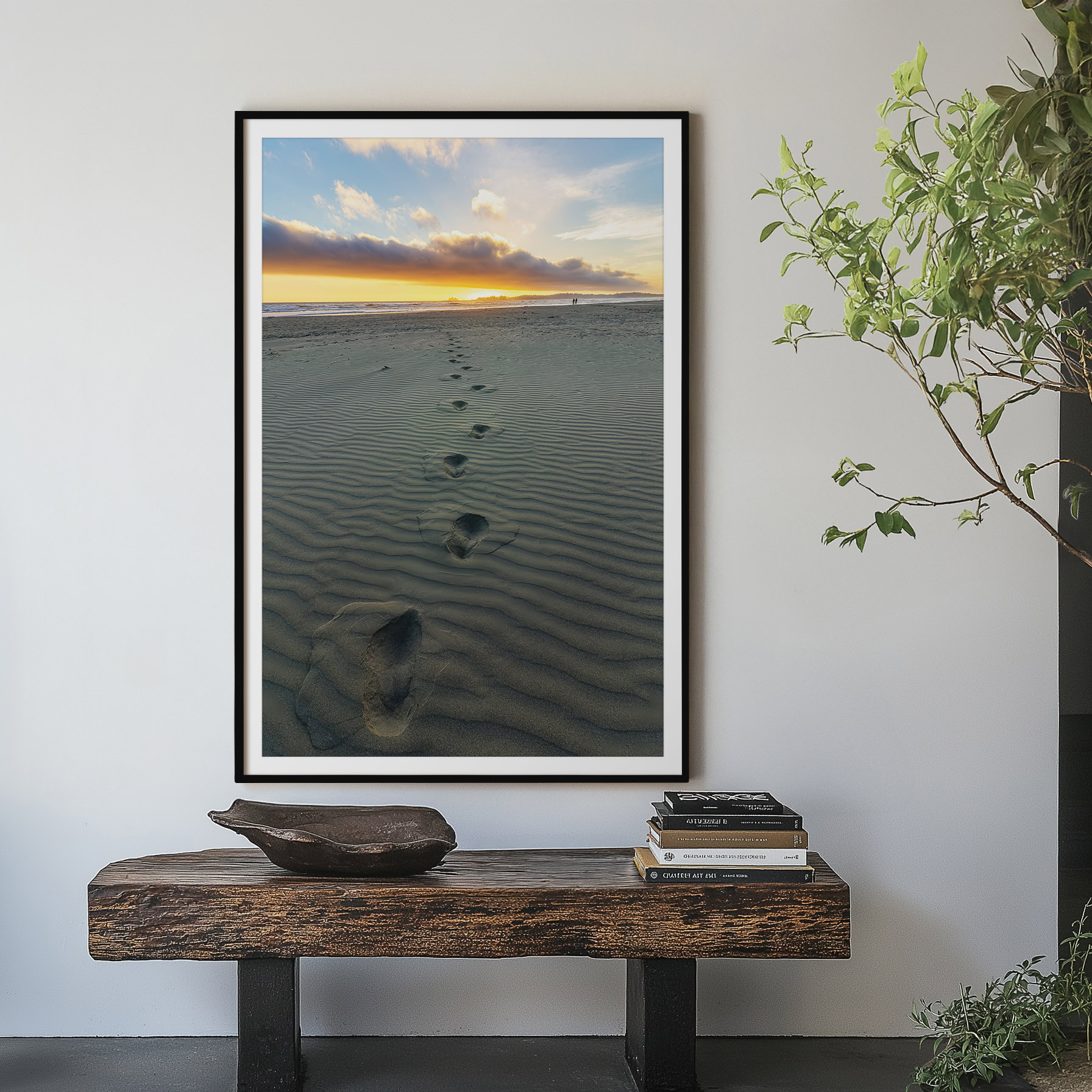 Walking Toward the Tofino Sunset print shown on the wall in an entryway.
