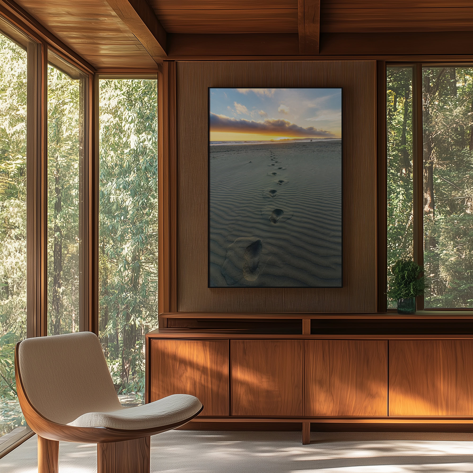Walking Toward the Tofino Sunset print shown on the wall in a living room.